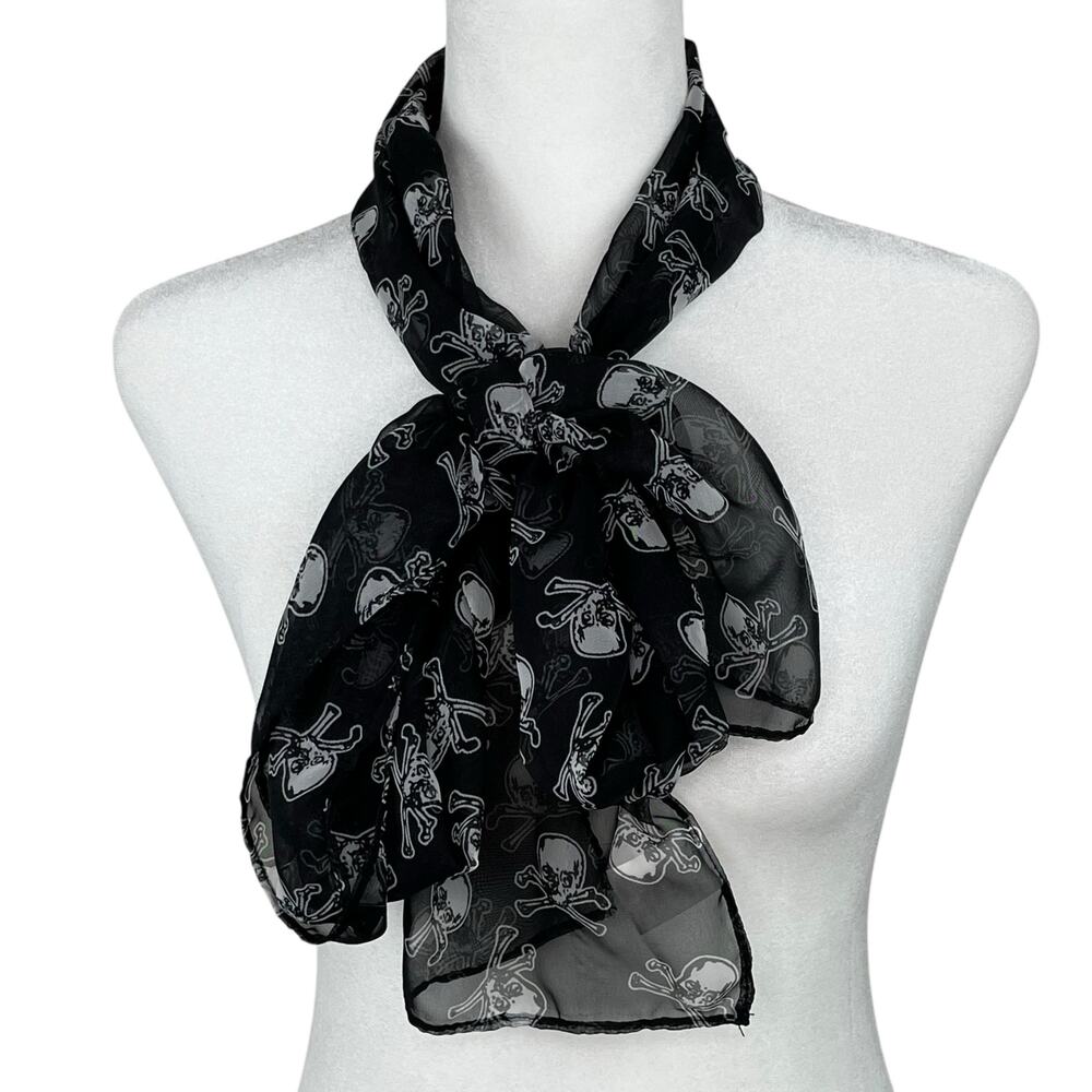 D&Y Black Skull Crossbones Scarf Gothic Western Rocker Halloween Sheer Wrap